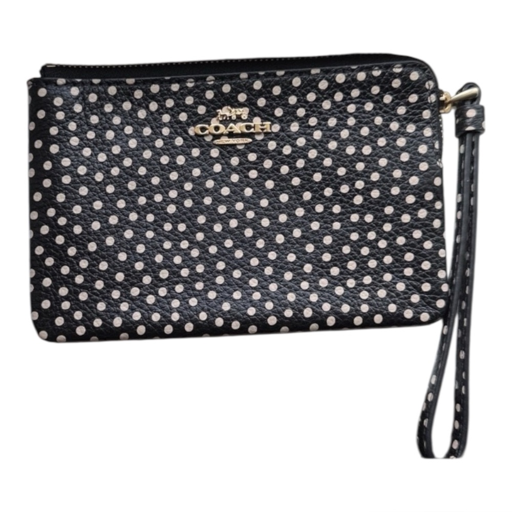 COACH - RARE - Black Pebbled Leather Wristlet w White Polka Dot/Gold Accent